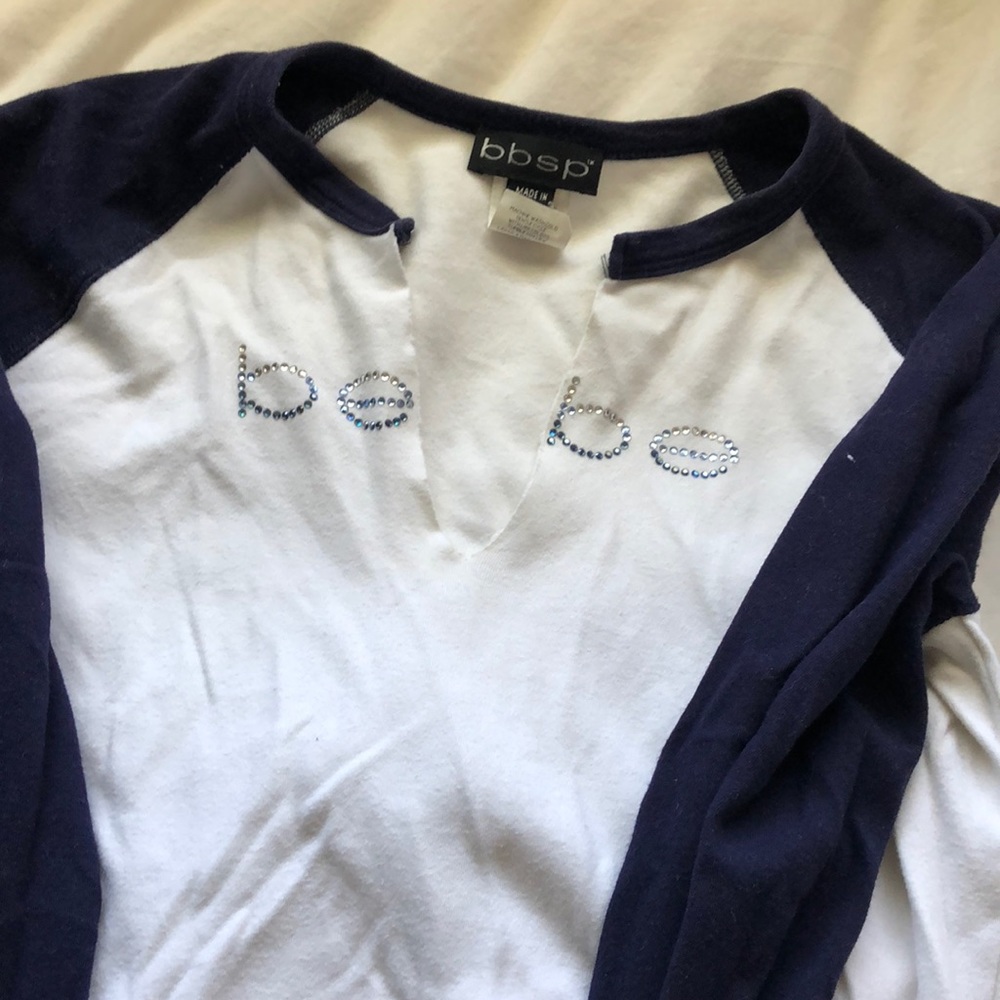 bebe blue and white baseball tee